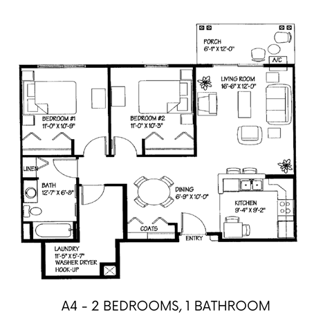 Floor plan for 2 beds, 1 bath, 940 sqft